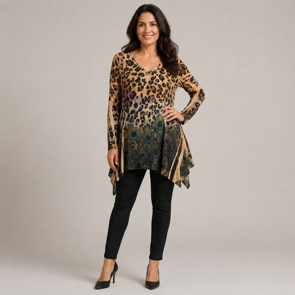 Pyramid Collection Top Medium Brown Animal Print Rhinestone Mob Wife Y2K Vintage